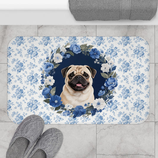 Blue Floral Pug Bath Mat – Cute Pug Dog Bathroom Rug