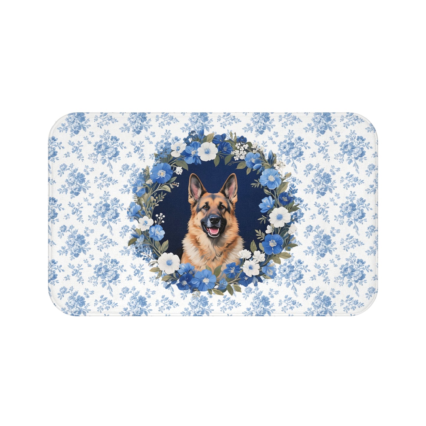 Blue Floral Shepherd Bath Mat – Cute German Shepherd Dog Bathroom Rug