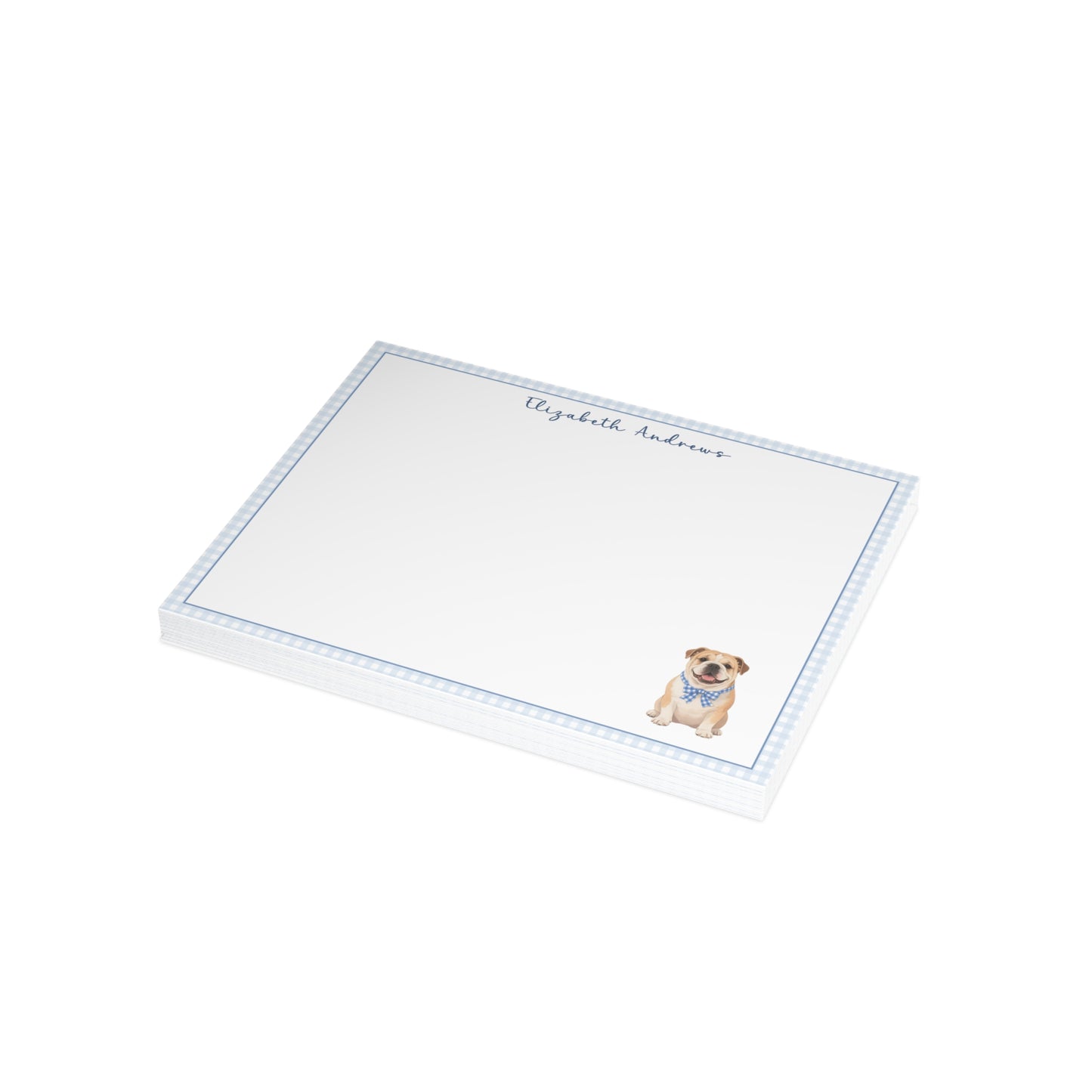 English Bulldog Blue Gingham Personalized Notecard Set