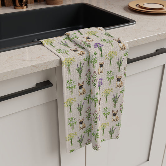 French Bulldog & Herbs Tea Towel - Floral Dog Kitchen Towel