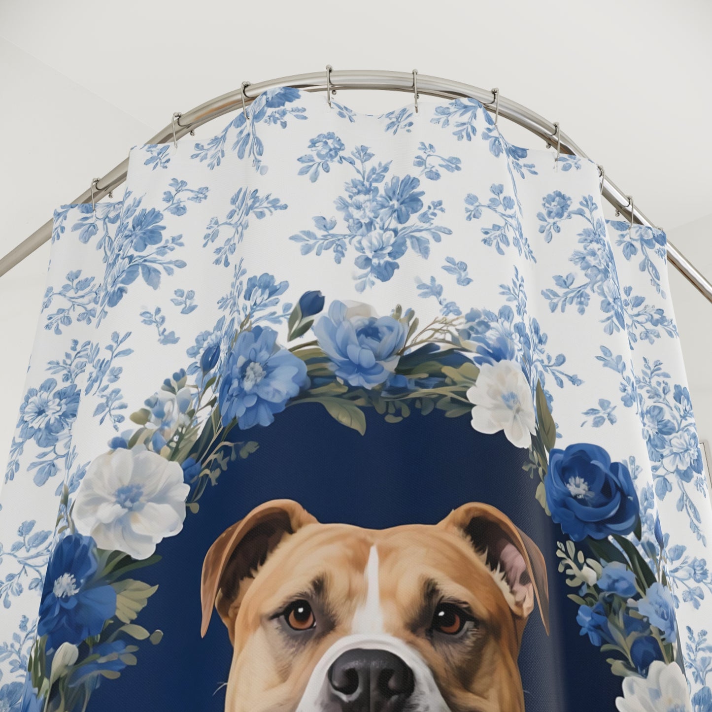 Pitbull Dog Blue Floral Shower Curtain – Dog Portrait Bath Decor