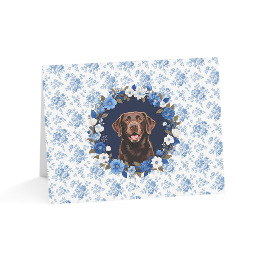 Chocolate Labrador Retriever Dog Blue Floral Greeting Card Set