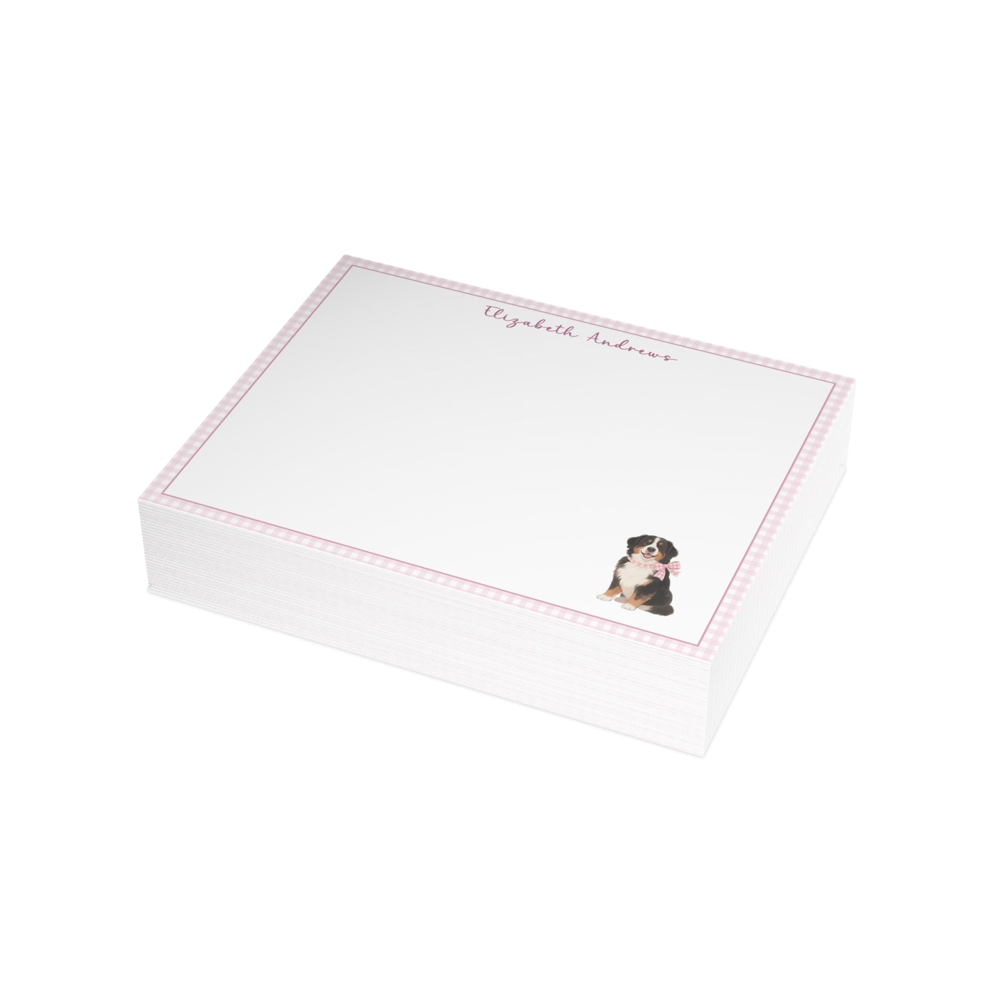 Bernese Mountain Dog Pink Gingham Personalized Notecard Set