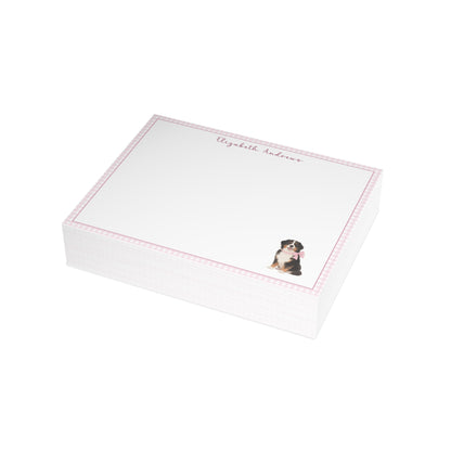 Bernese Mountain Dog Pink Gingham Personalized Notecard Set