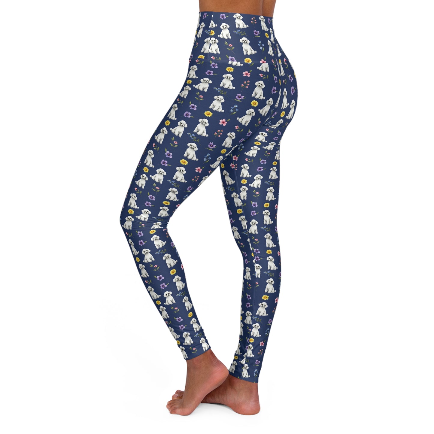 White Poodle Dog Floral High Waisted Yoga Leggings - Perfect for Fitness & Everyday Wear