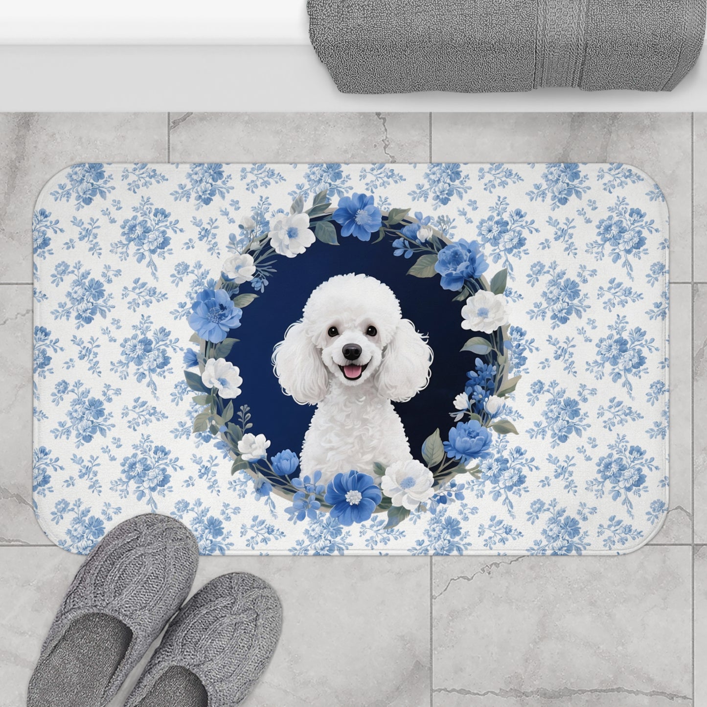 Blue Floral Poodle Bath Mat – Cute Poodle Dog Bathroom Rug