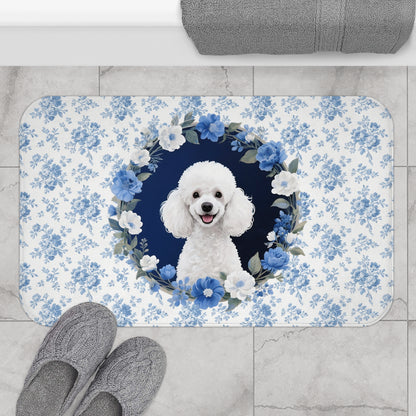 Blue Floral Poodle Bath Mat – Cute Poodle Dog Bathroom Rug