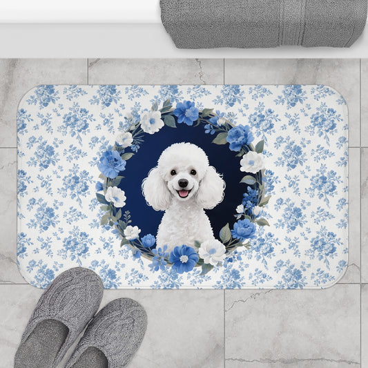 Blue Floral Poodle Bath Mat – Cute Poodle Dog Bathroom Rug