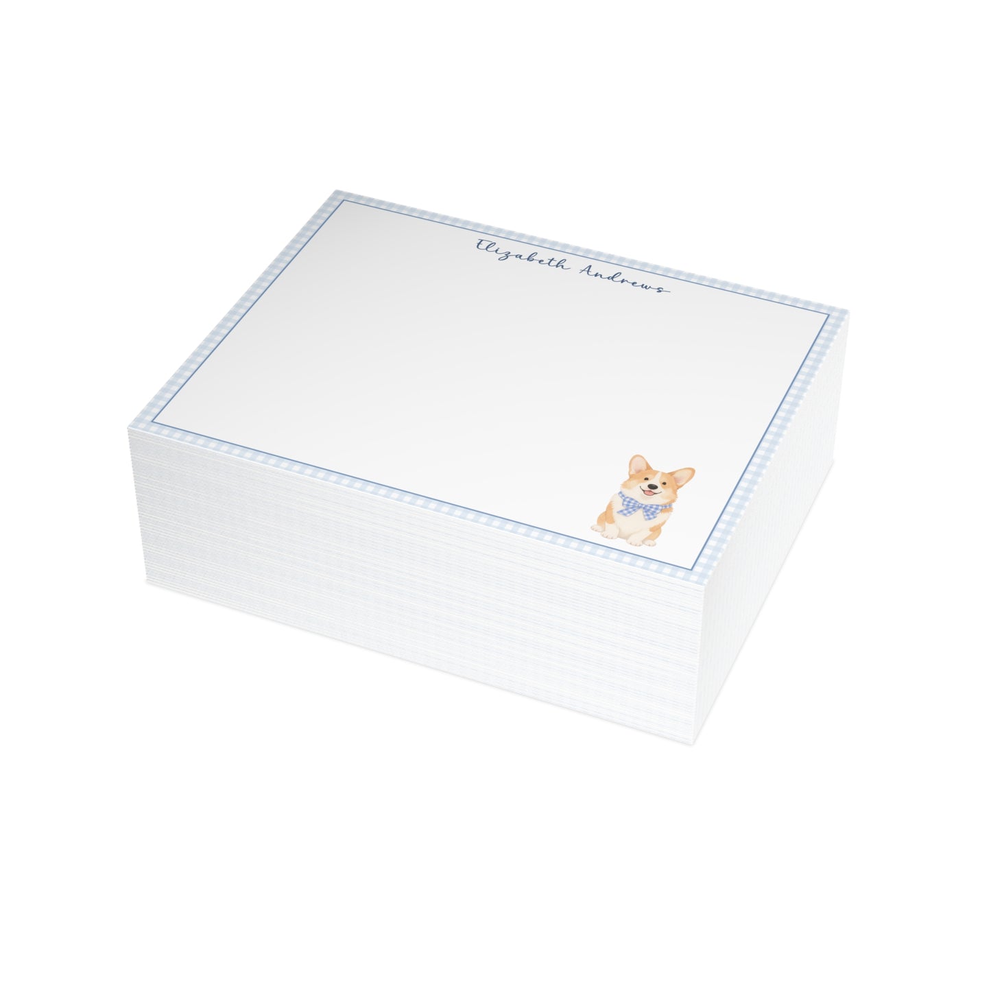 Corgi Dog Blue Gingham Personalized Notecard Set
