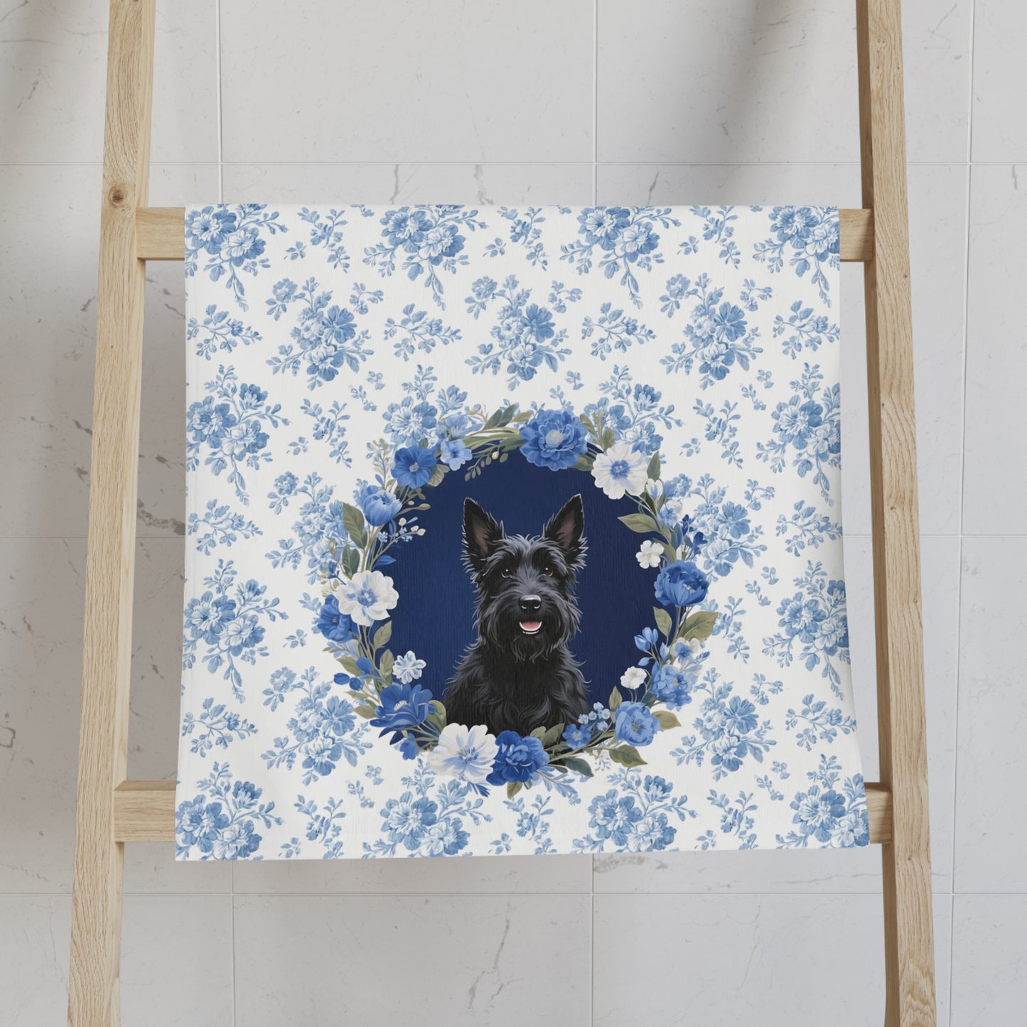 Blue Floral Scottish Terrier Dog Portrait Hand Towel – Cute Pet Bathroom Accessory