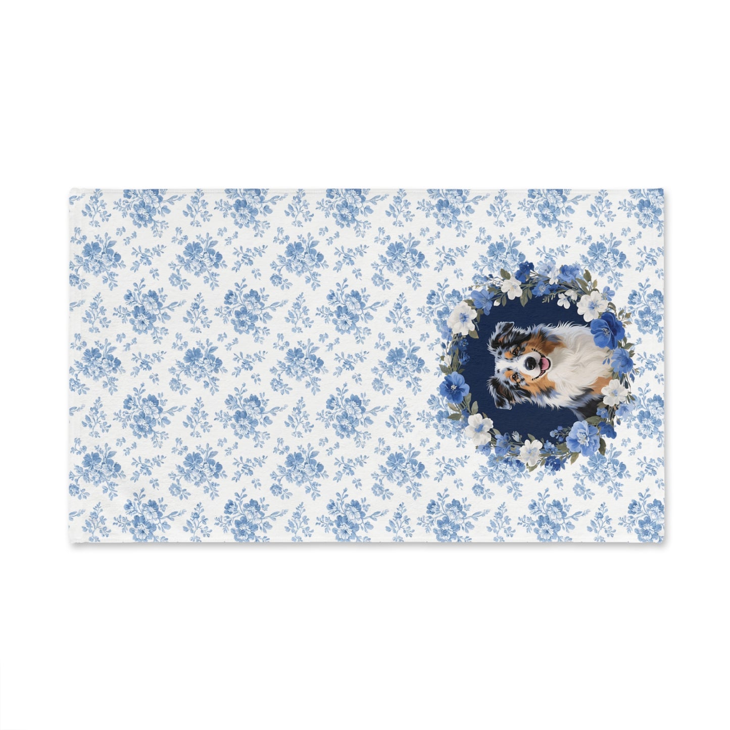 Copy of Blue Floral Australian Shepherd Dog Portrait Hand Towel – Cute Pet Bathroom Accessory