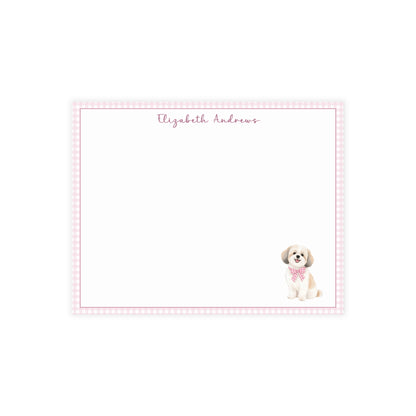 Shih Tzu Dog Pink Gingham Personalized Notecard Set