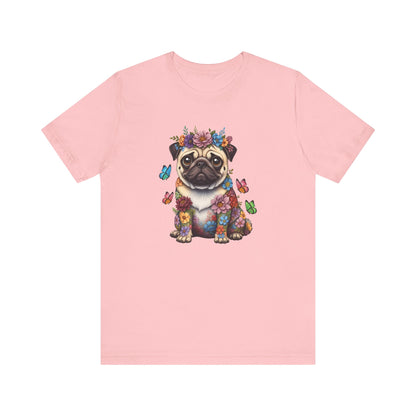 Whimsical Floral Pug Tee – Colorful Dog Lover Shirt with Butterflies
