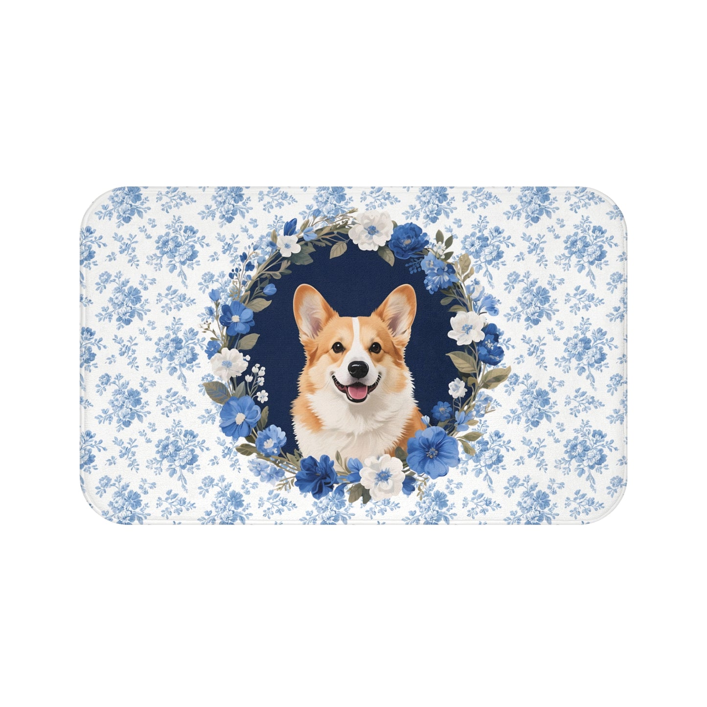 Blue Floral Corgi Bath Mat – Cute Corgi Dog Bathroom Rug