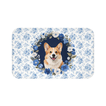 Blue Floral Corgi Bath Mat – Cute Corgi Dog Bathroom Rug