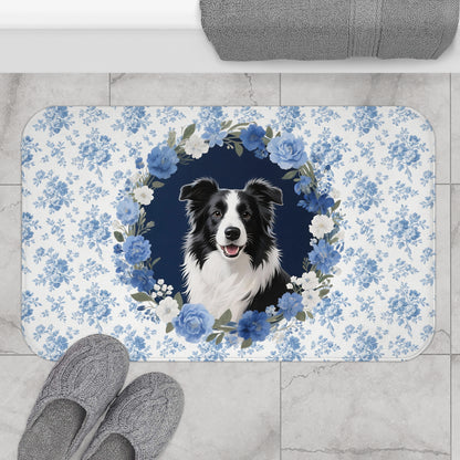 Blue Floral Collie Bath Mat – Cute Border Collie Dog Bathroom Rug
