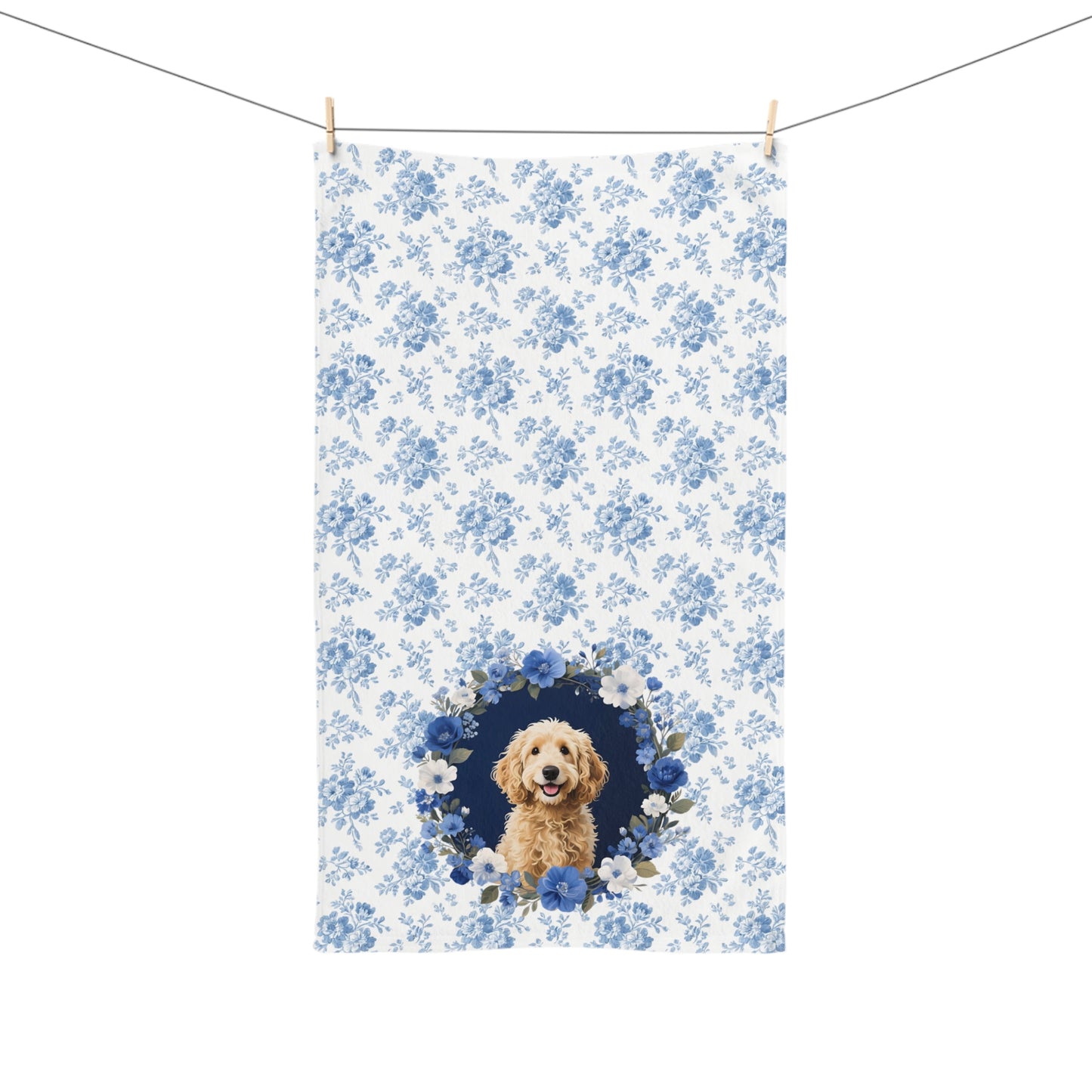 Blue Floral Goldendoodle Dog Portrait Hand Towel – Cute Pet Bathroom Accessory