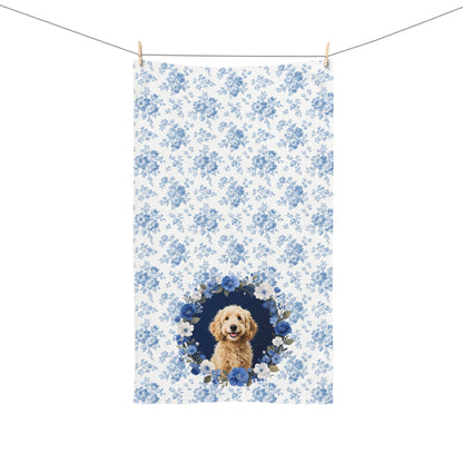 Blue Floral Goldendoodle Dog Portrait Hand Towel – Cute Pet Bathroom Accessory