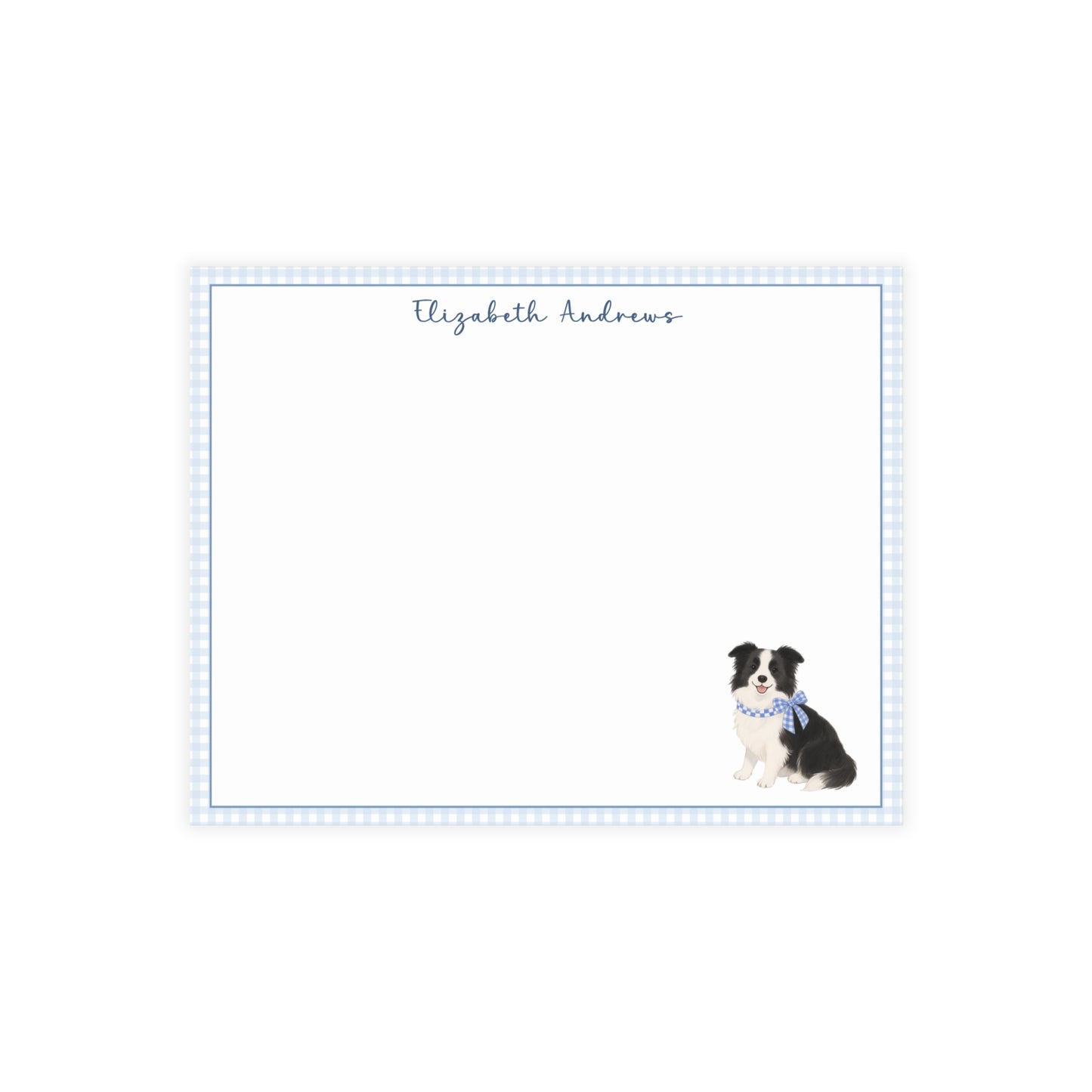 Border Collie Dog Blue Gingham Personalized Notecard Set
