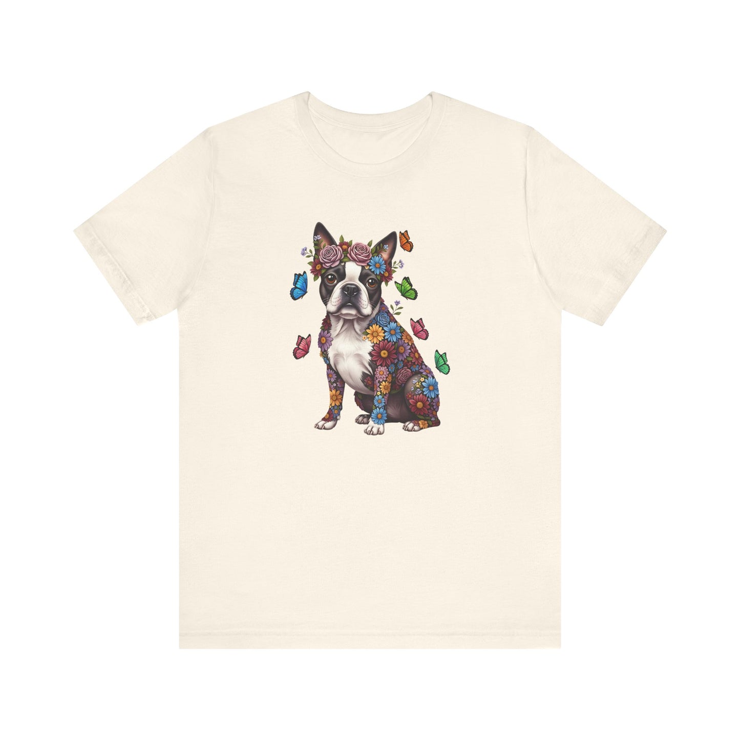 Whimsical Floral Boston Terrier Tee – Colorful Dog Lover Shirt with Butterflies