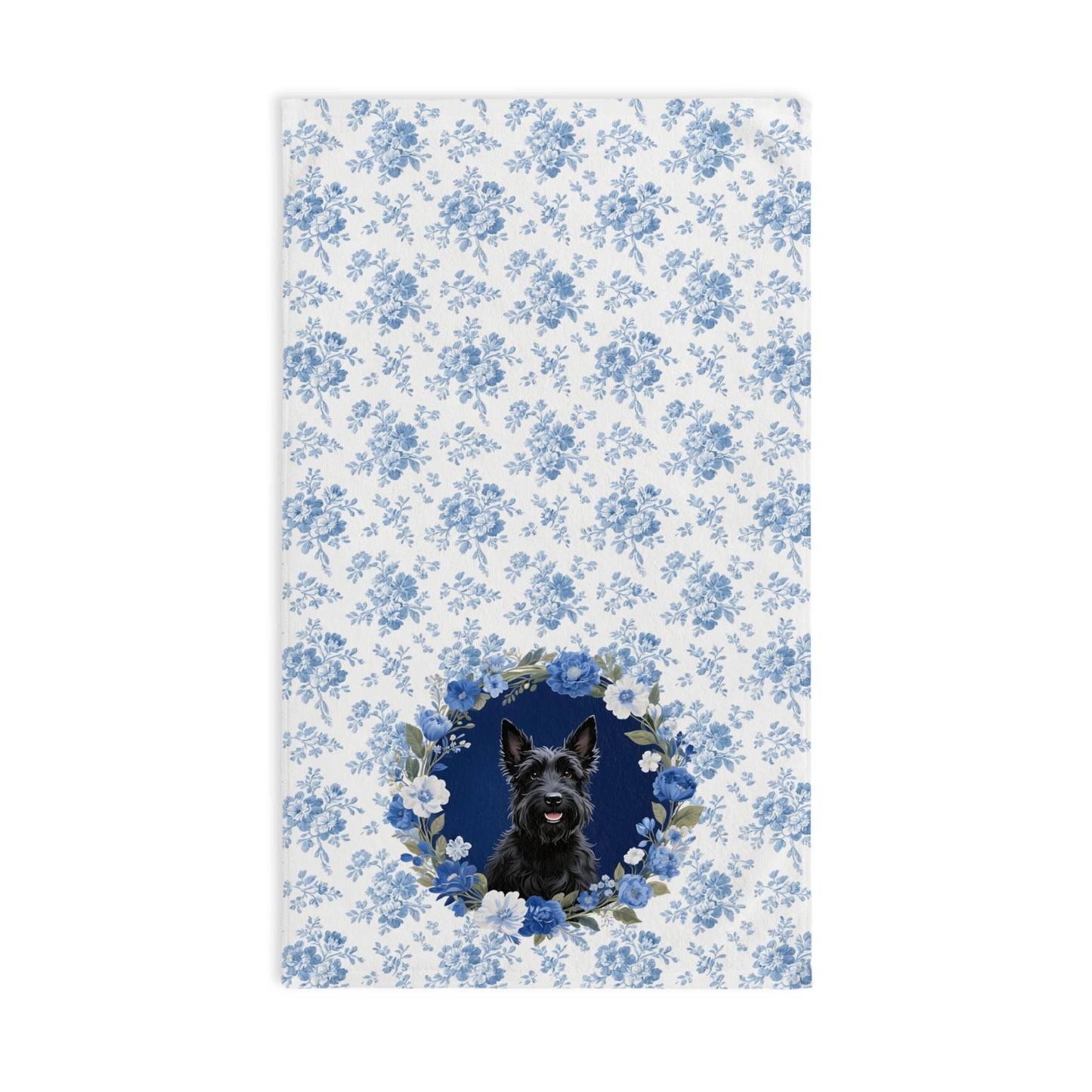Blue Floral Scottish Terrier Dog Portrait Hand Towel – Cute Pet Bathroom Accessory