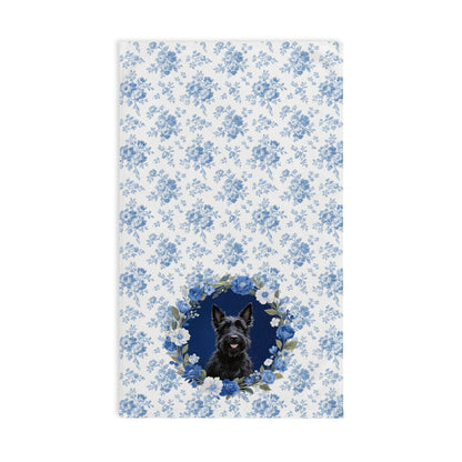 Blue Floral Scottish Terrier Dog Portrait Hand Towel – Cute Pet Bathroom Accessory