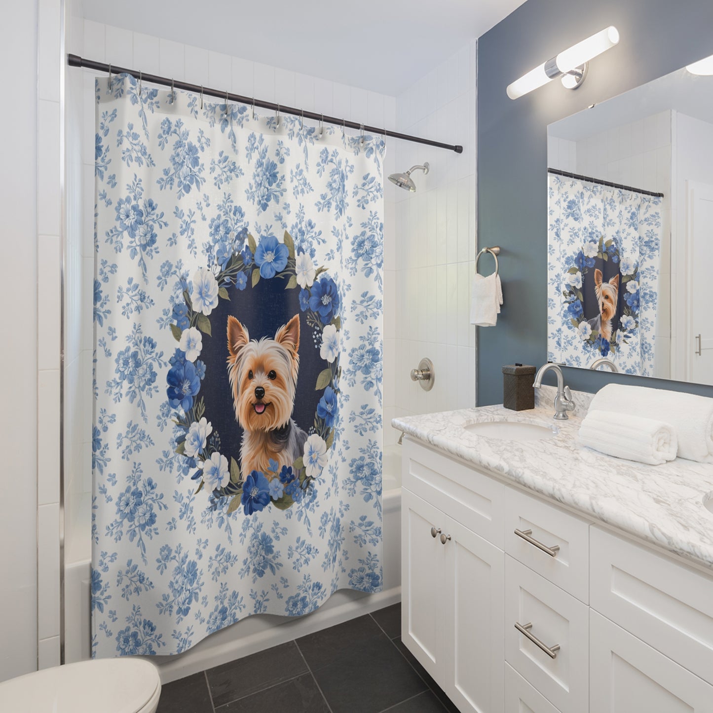 Yorkshire Terrier Dog Blue Floral Shower Curtain – Dog Portrait Bath Decor