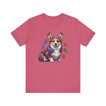Whimsical Floral Corgi Tee – Colorful Dog Lover Shirt with Butterflies