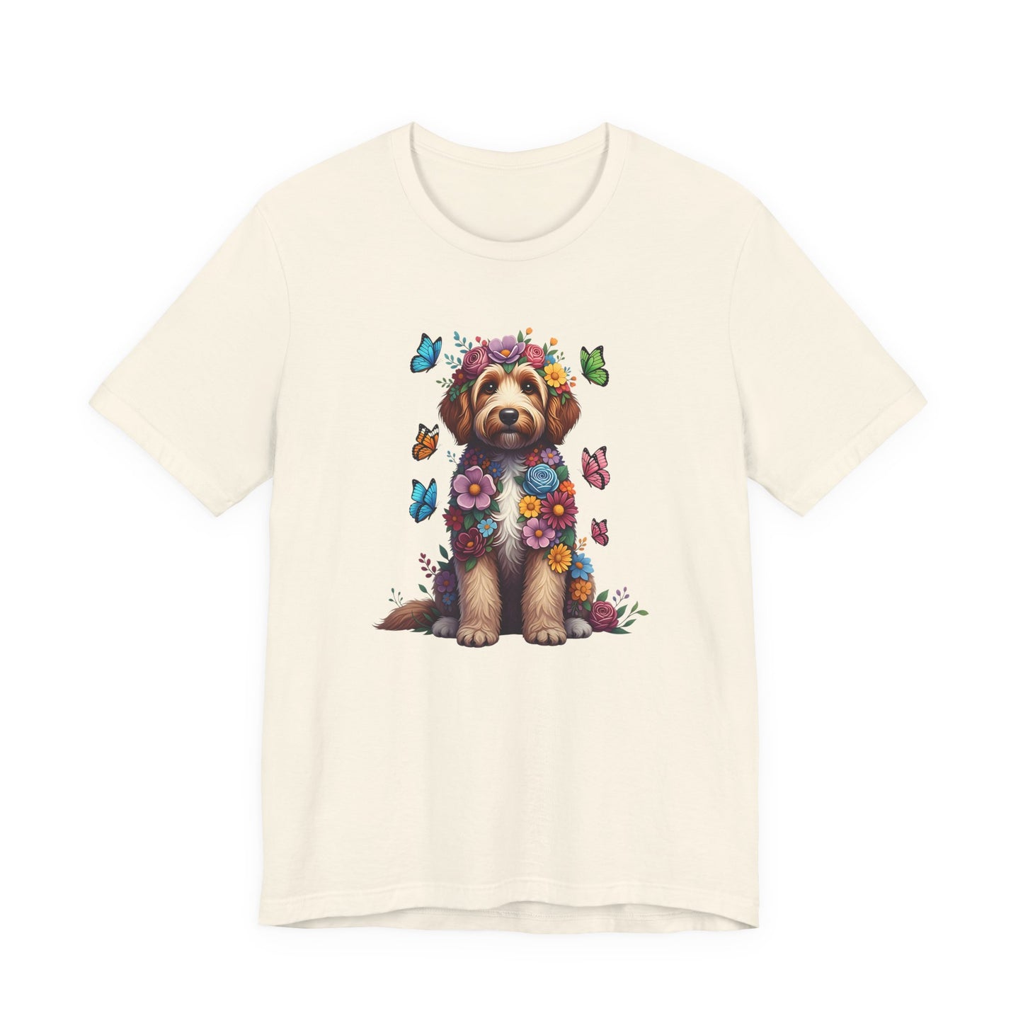 Whimsical Floral Goldendoodle Tee – Colorful Dog Lover Shirt with Butterflies