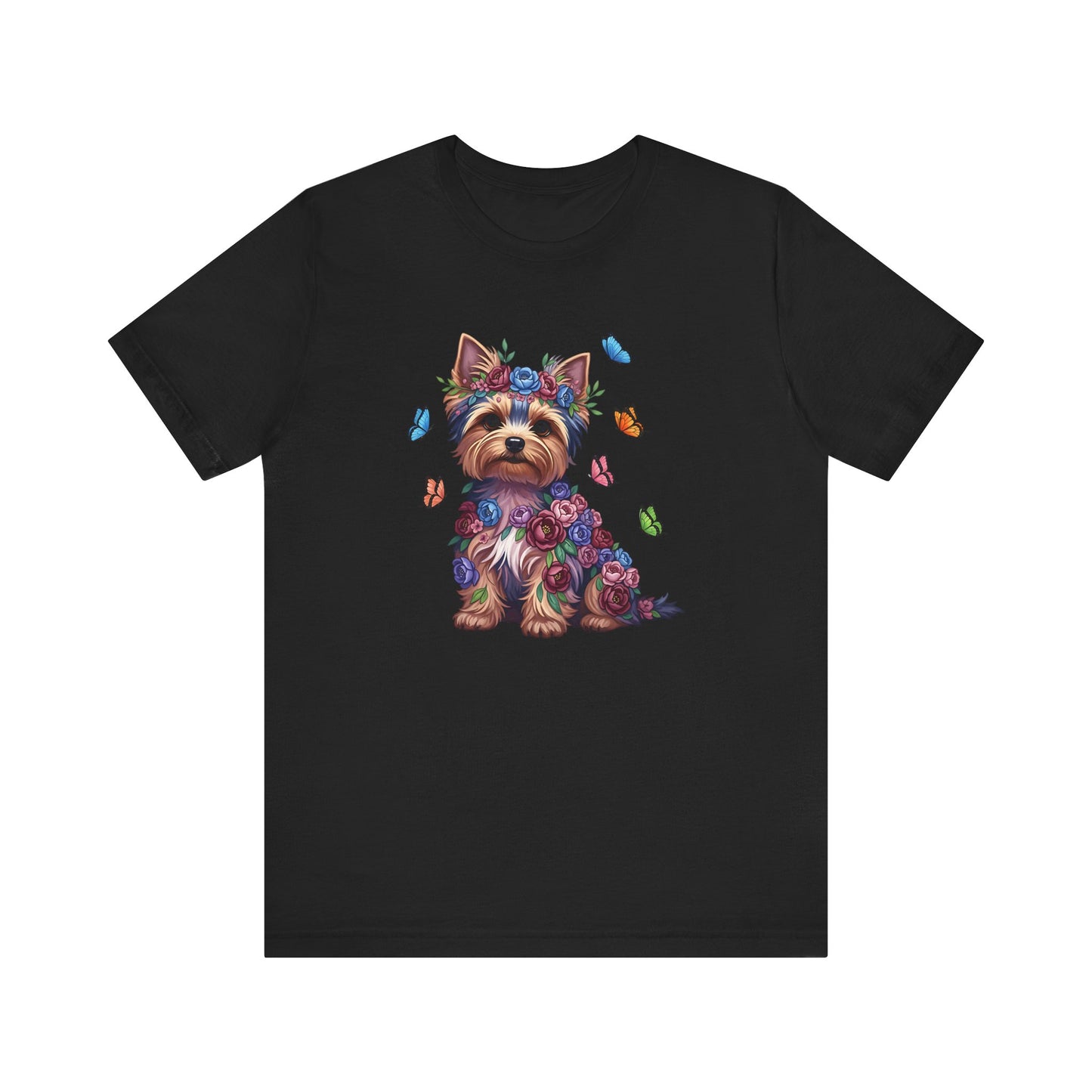 Whimsical Floral Yorkshire Terrier Tee – Colorful Dog Lover Shirt with Butterflies