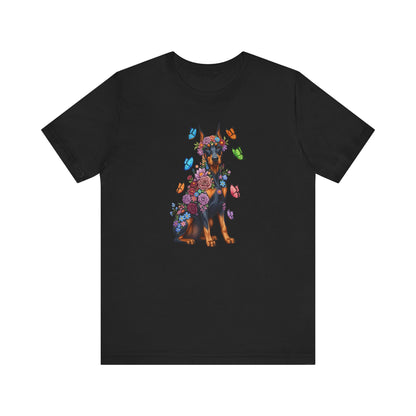 Whimsical Floral Doberman Pinscher Tee – Colorful Dog Lover Shirt with Butterflies