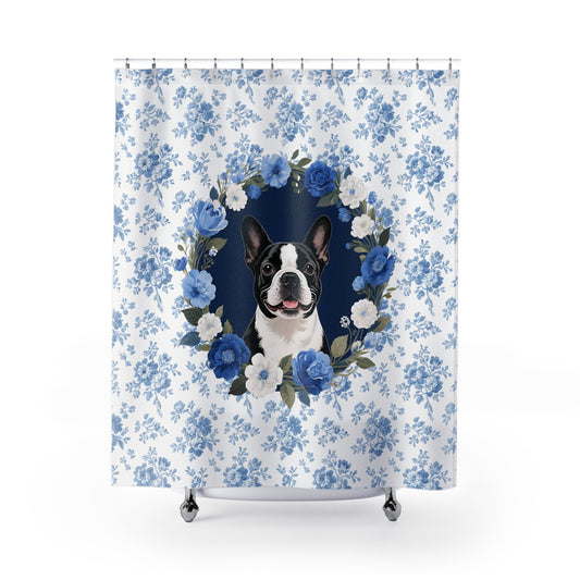 Boston Terrier Dog Blue Floral Shower Curtain – Dog Portrait Bath Decor