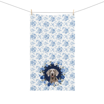Blue Floral Weimaraner Dog Portrait Hand Towel – Cute Pet Bathroom Accessory