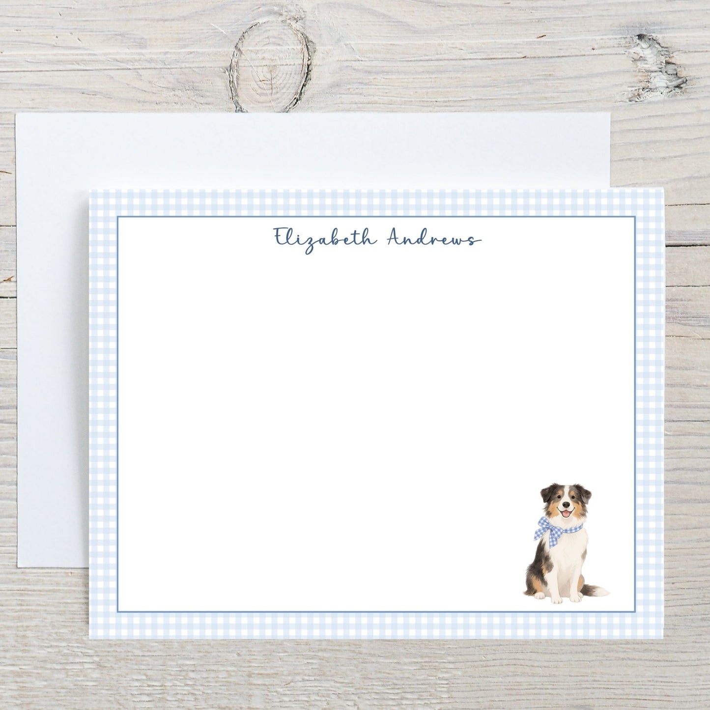 Australian Shepherd Dog Blue Gingham Personalized Notecard Set