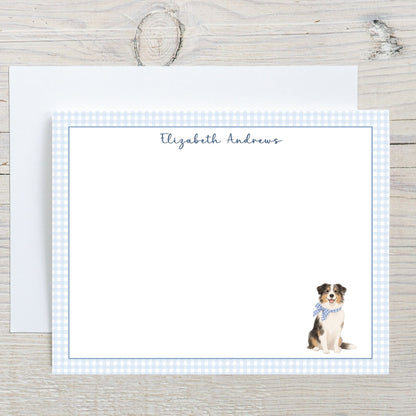 Australian Shepherd Dog Blue Gingham Personalized Notecard Set
