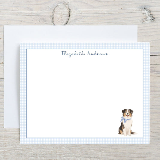 Australian Shepherd Dog Blue Gingham Personalized Notecard Set