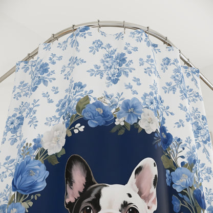 Pied French Bulldog Dog Blue Floral Shower Curtain – Dog Portrait Bath Decor