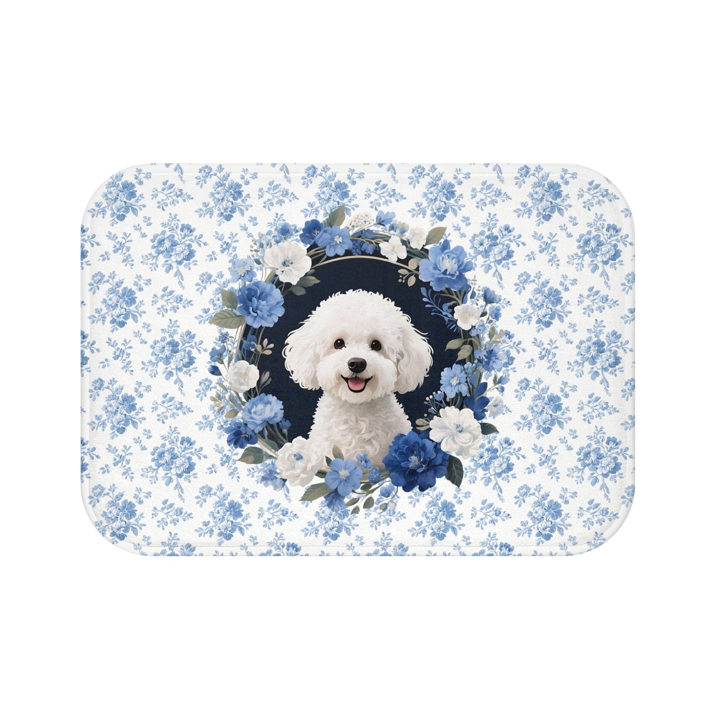 Blue Floral Bichon Bath Mat – Cute Bichon Frise Dog Bathroom Rug