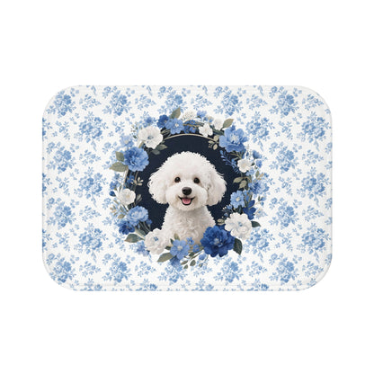 Blue Floral Bichon Bath Mat – Cute Bichon Frise Dog Bathroom Rug