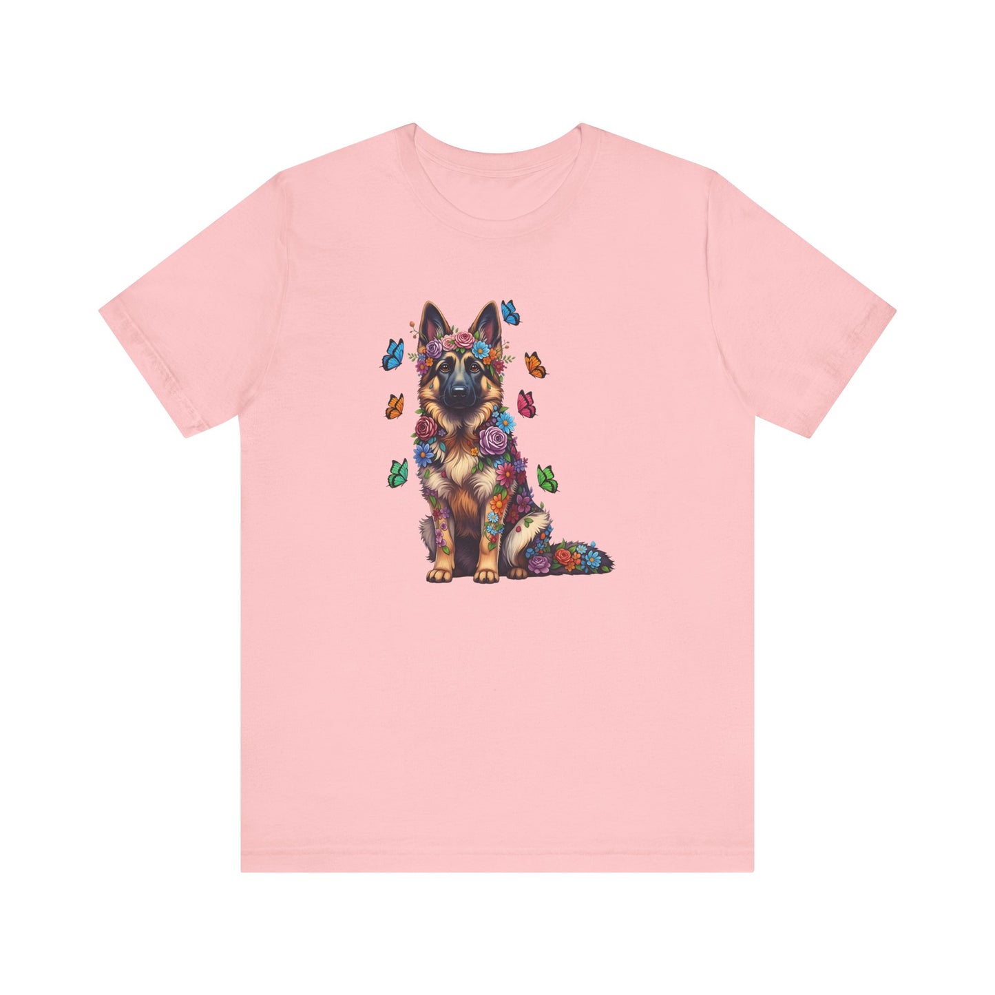 Whimsical Floral German Shepherd Tee – Colorful Dog Lover Shirt with Butterflies