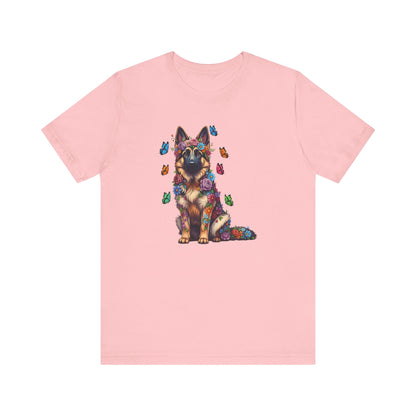 Whimsical Floral German Shepherd Tee – Colorful Dog Lover Shirt with Butterflies