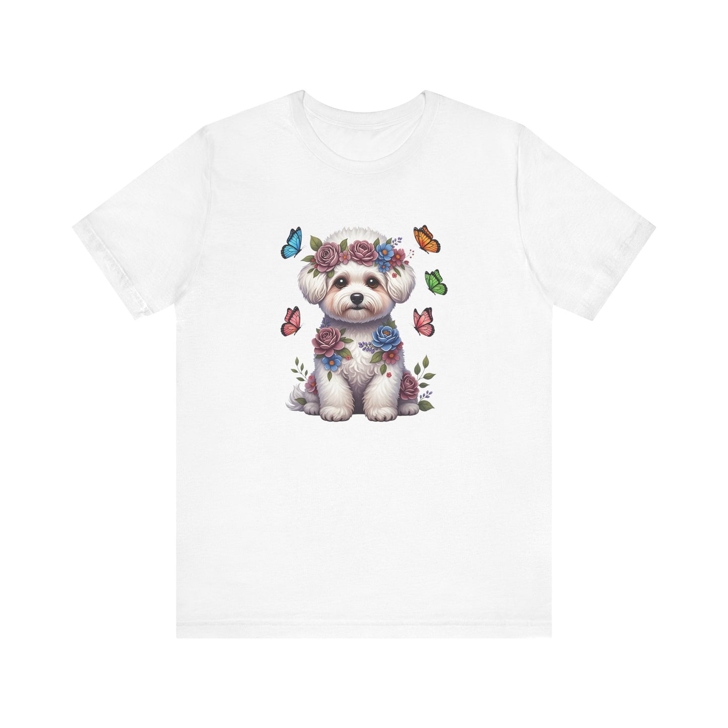 Whimsical Floral Bichon Frise Tee – Colorful Dog Lover Shirt with Butterflies