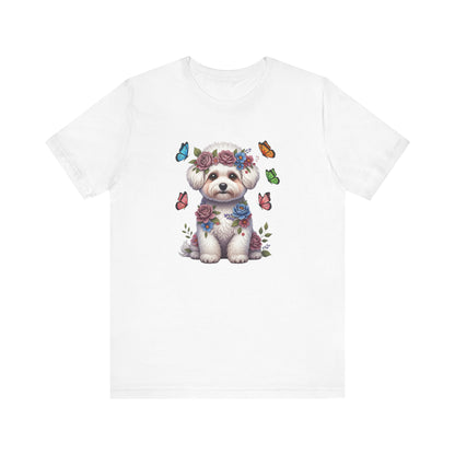 Whimsical Floral Bichon Frise Tee – Colorful Dog Lover Shirt with Butterflies