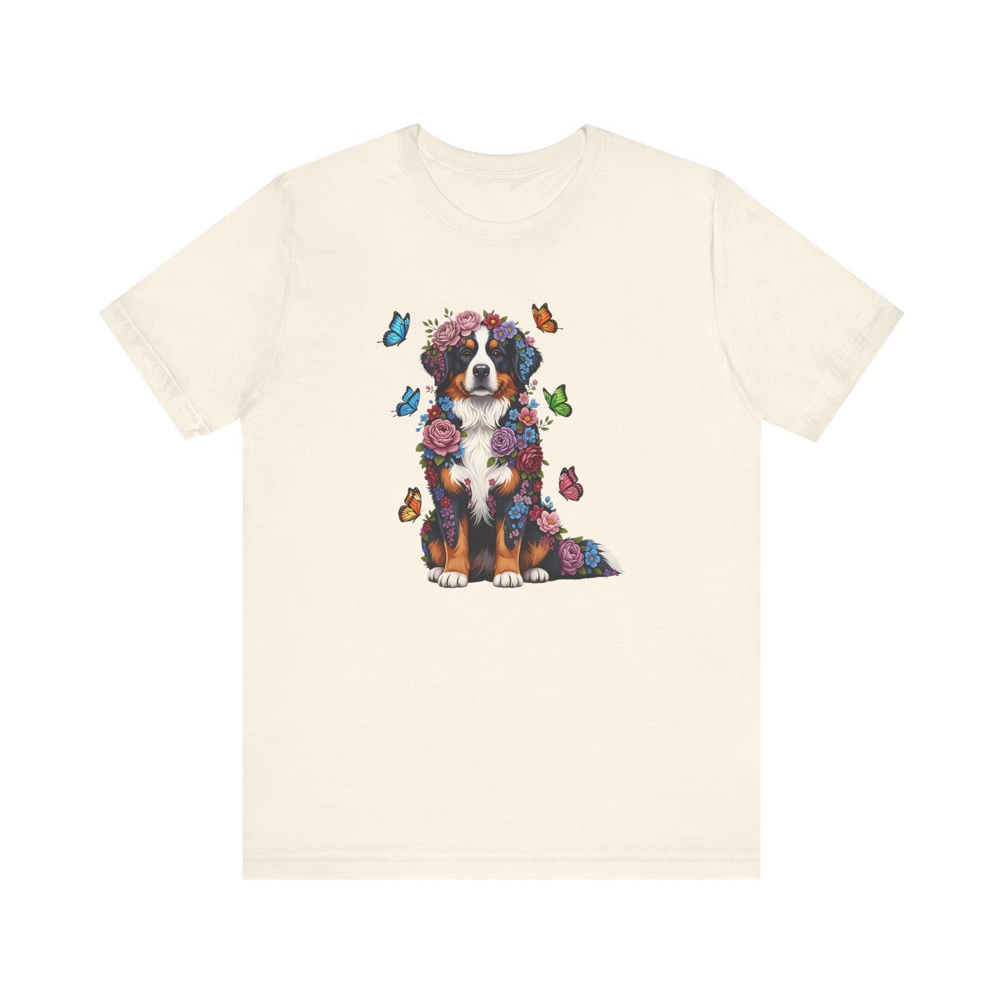 Whimsical Floral Bernese Mountain Dog Tee – Colorful Dog Lover Shirt with Butterflies