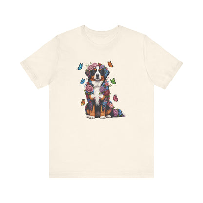 Whimsical Floral Bernese Mountain Dog Tee – Colorful Dog Lover Shirt with Butterflies
