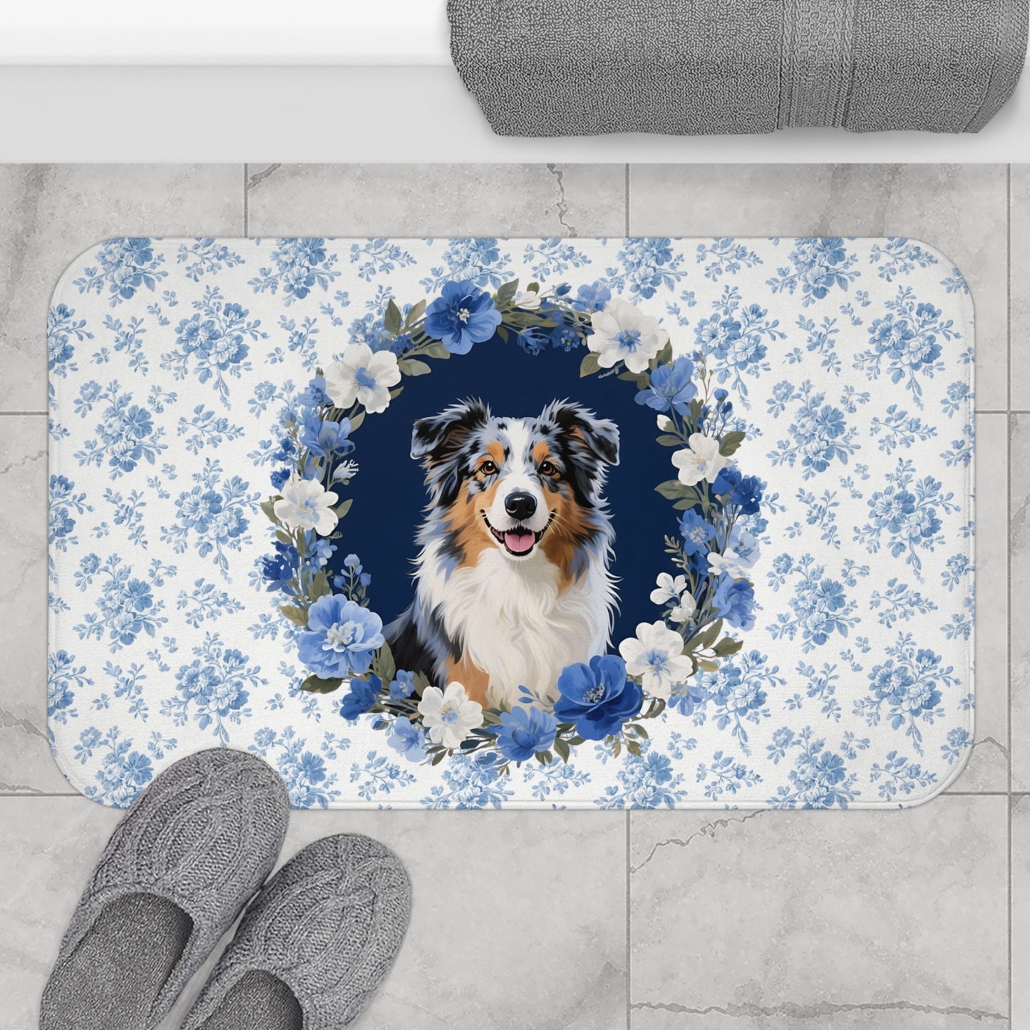 Blue Floral Aussie Bath Mat – Cute Australian Shepherd Dog Bathroom Rug