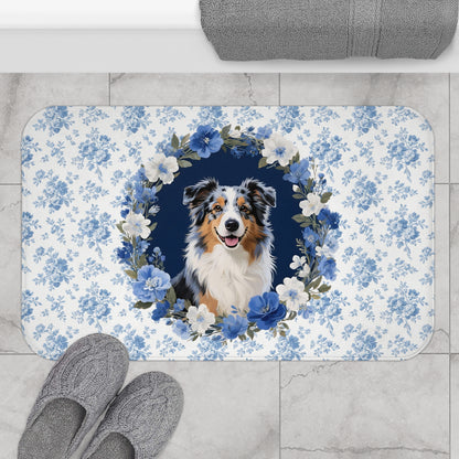 Blue Floral Aussie Bath Mat – Cute Australian Shepherd Dog Bathroom Rug