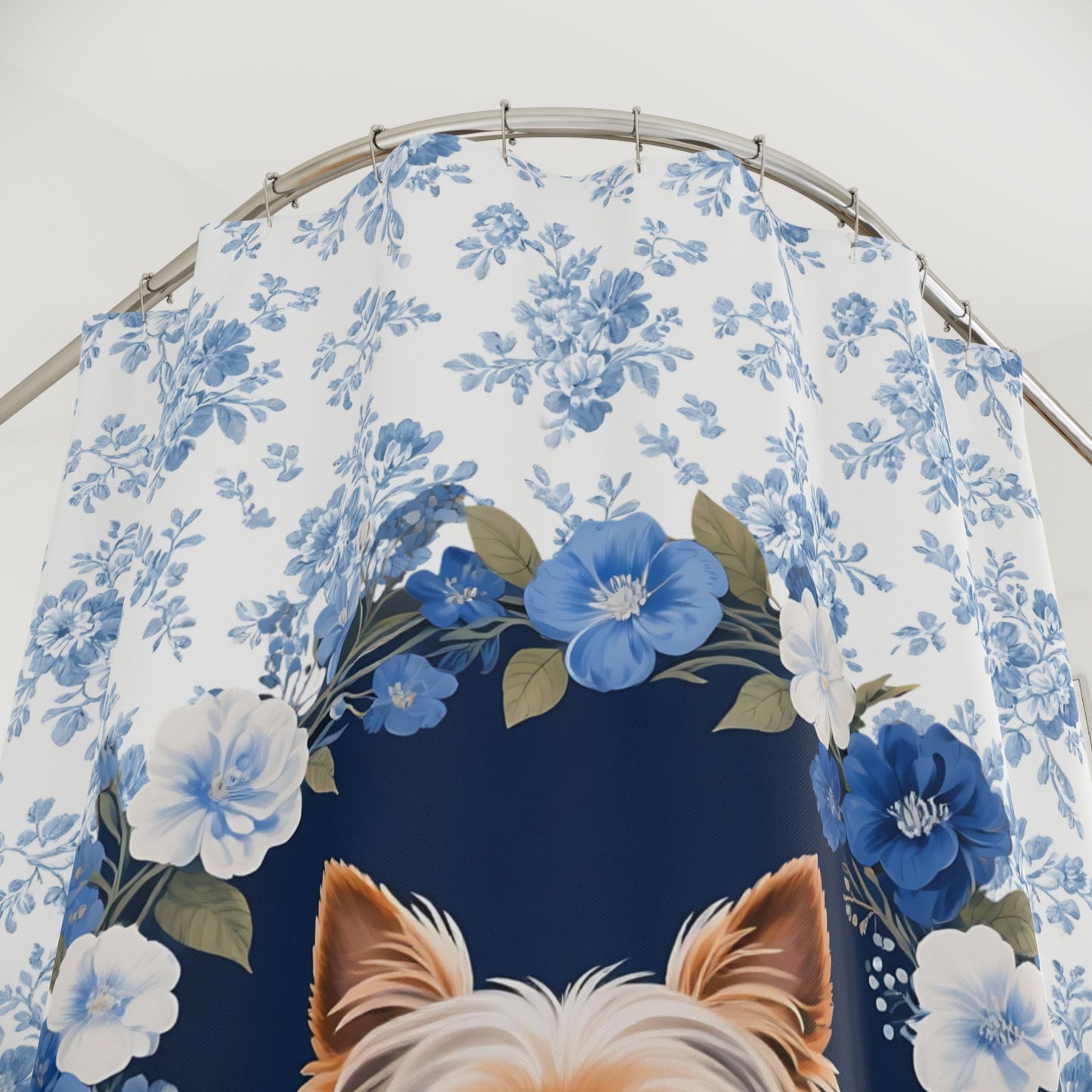 Yorkshire Terrier Dog Blue Floral Shower Curtain – Dog Portrait Bath Decor