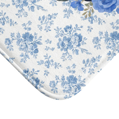 Blue Floral Lab Bath Mat – Cute Black Labrador Retriever Dog Bathroom Rug