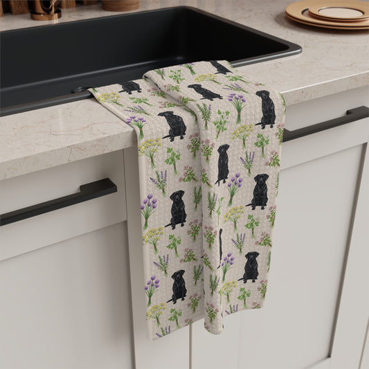Black Labrador Retriever Dog & Herbs Tea Towel - Floral Dog Kitchen Towel